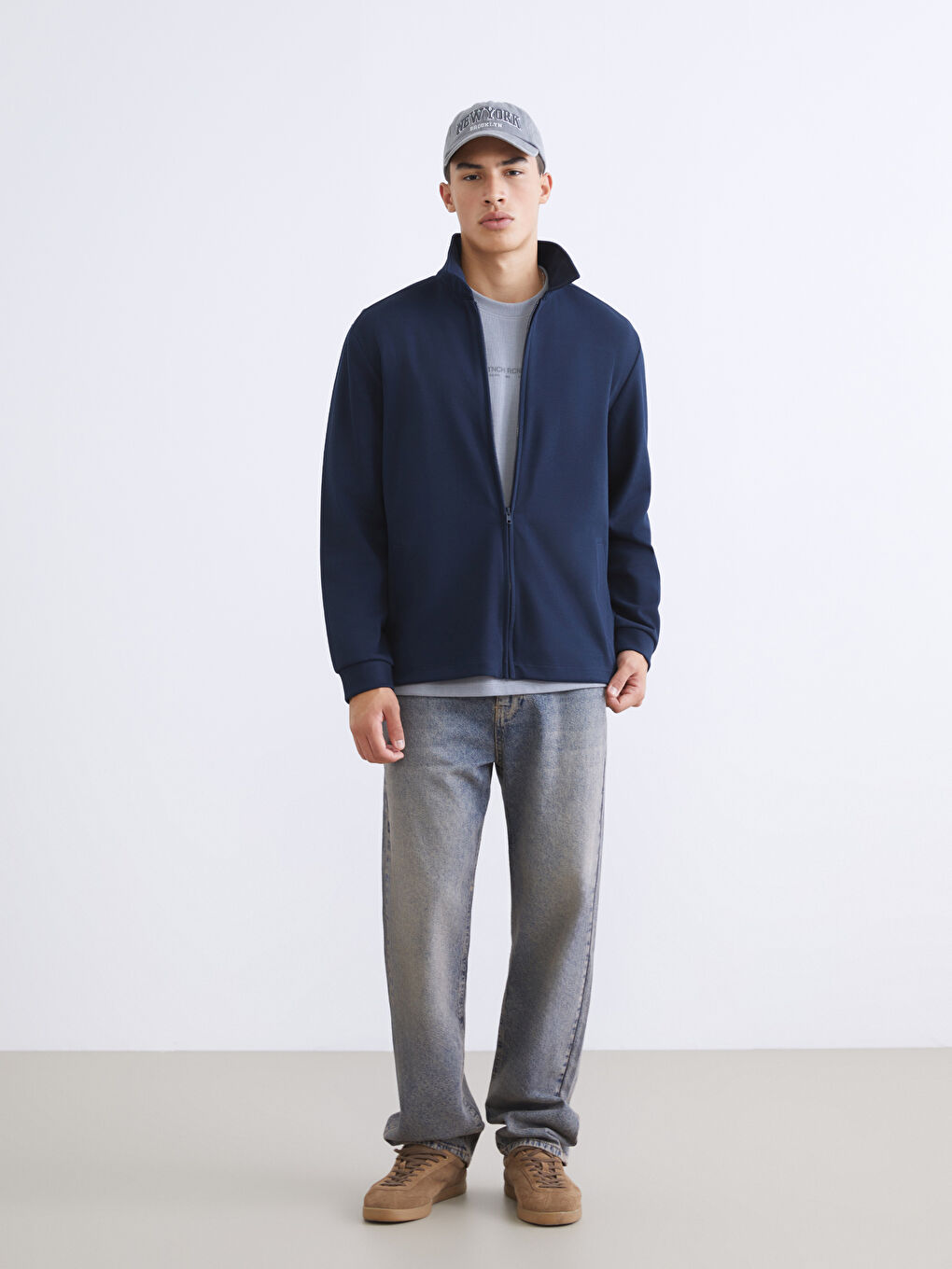 Lacivert Polo Yaka Erkek Fermuarlı Sweatshirt-1