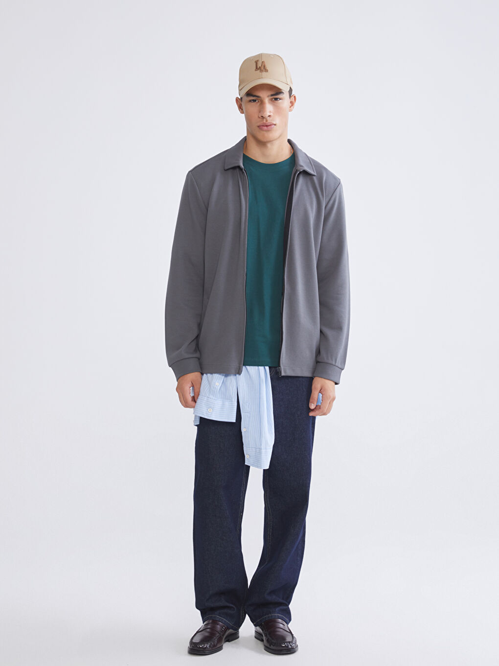 Gri Polo Yaka Erkek Fermuarlı Sweatshirt-1