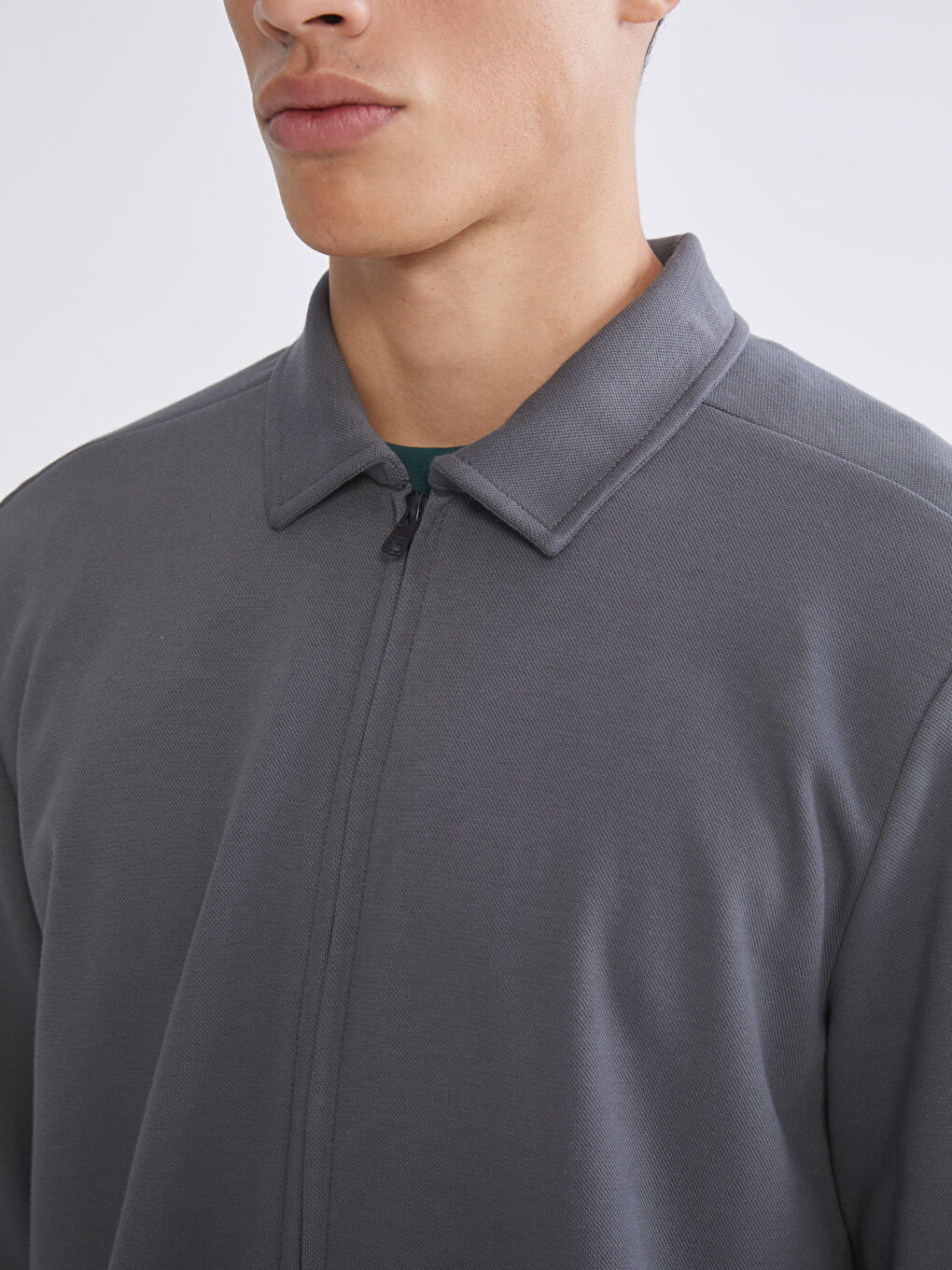 Gri Polo Yaka Erkek Fermuarlı Sweatshirt-2