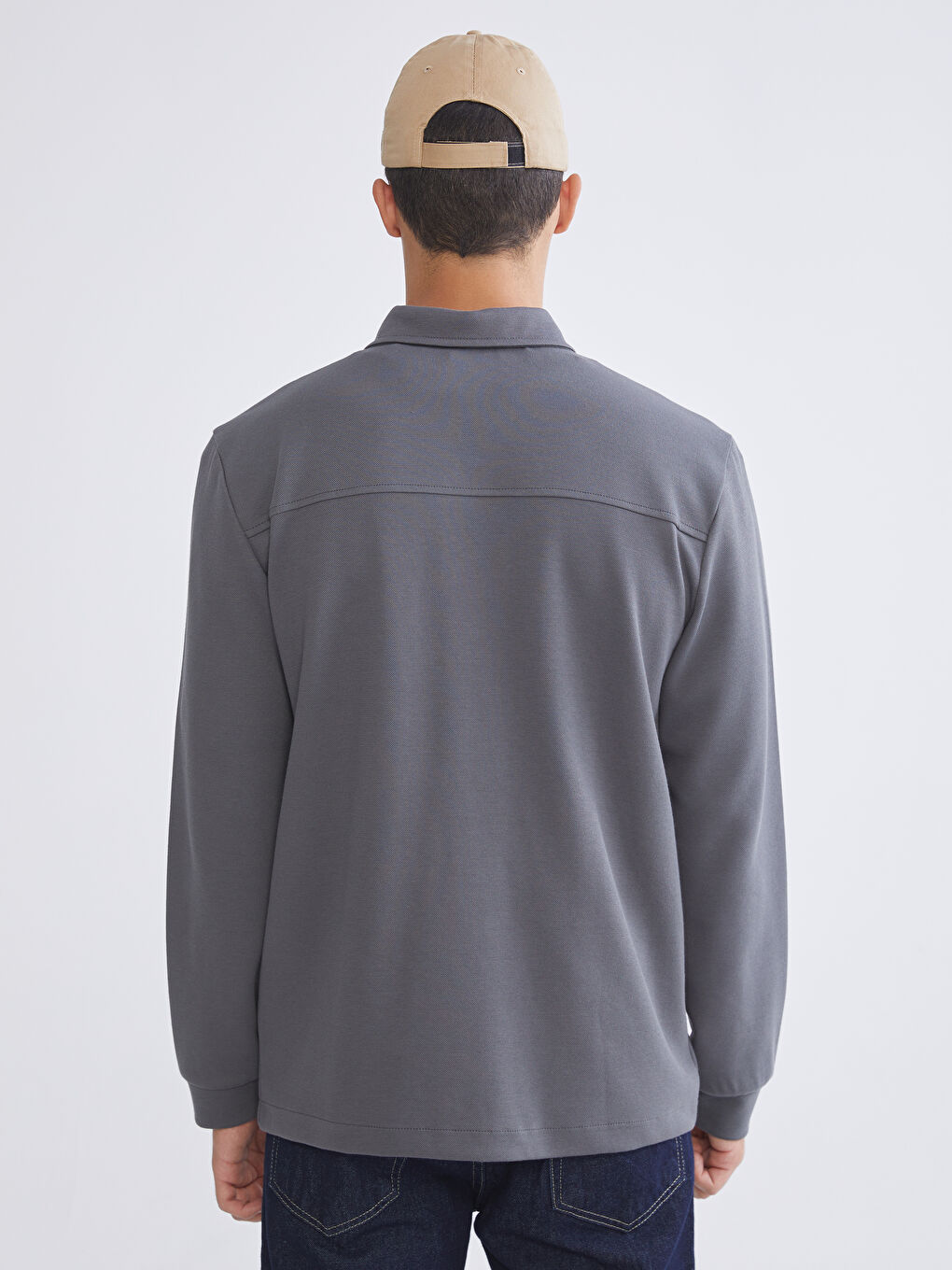 Gri Polo Yaka Erkek Fermuarlı Sweatshirt-3