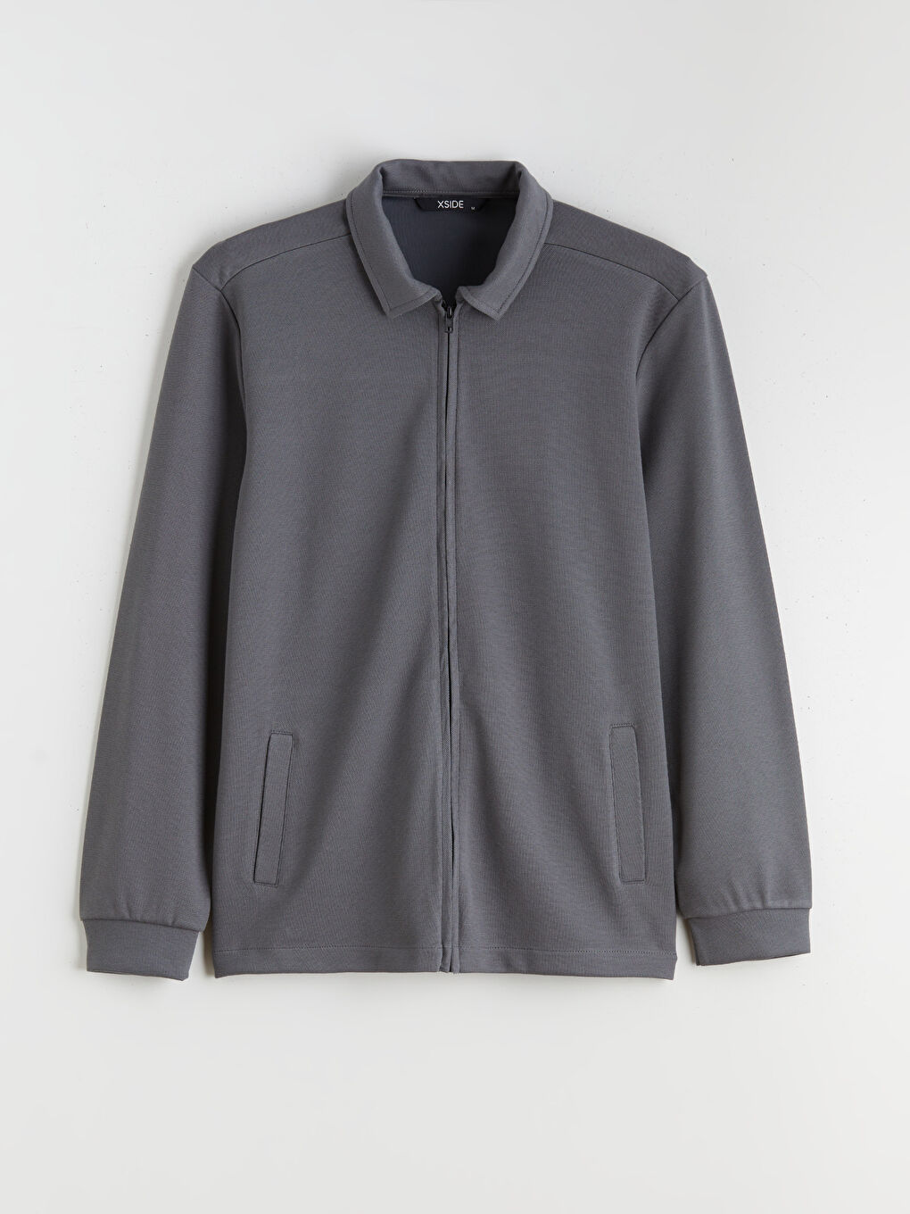 Gri Polo Yaka Erkek Fermuarlı Sweatshirt-4