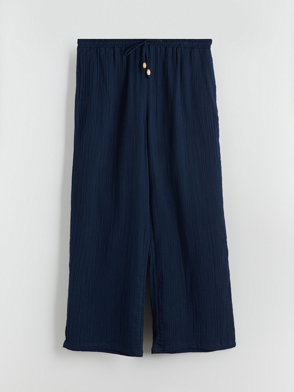 Lacivert Beli Lastikli Dokulu Geniş Paça Kadın Pantolon-8