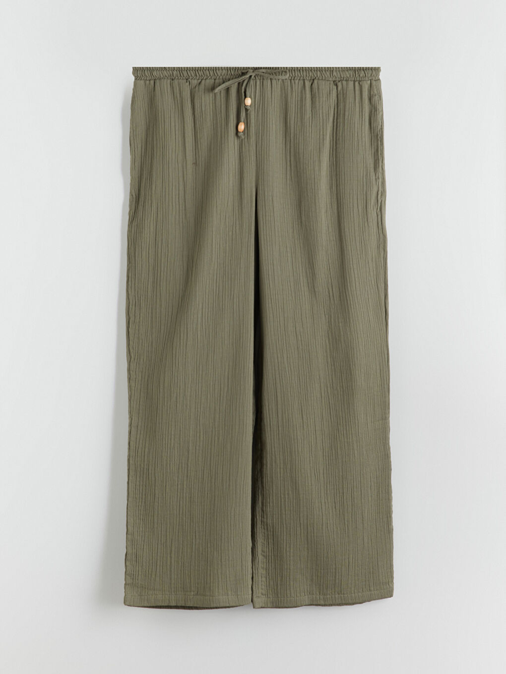 Haki Beli Lastikli Dokulu Geniş Paça Kadın Pantolon-6