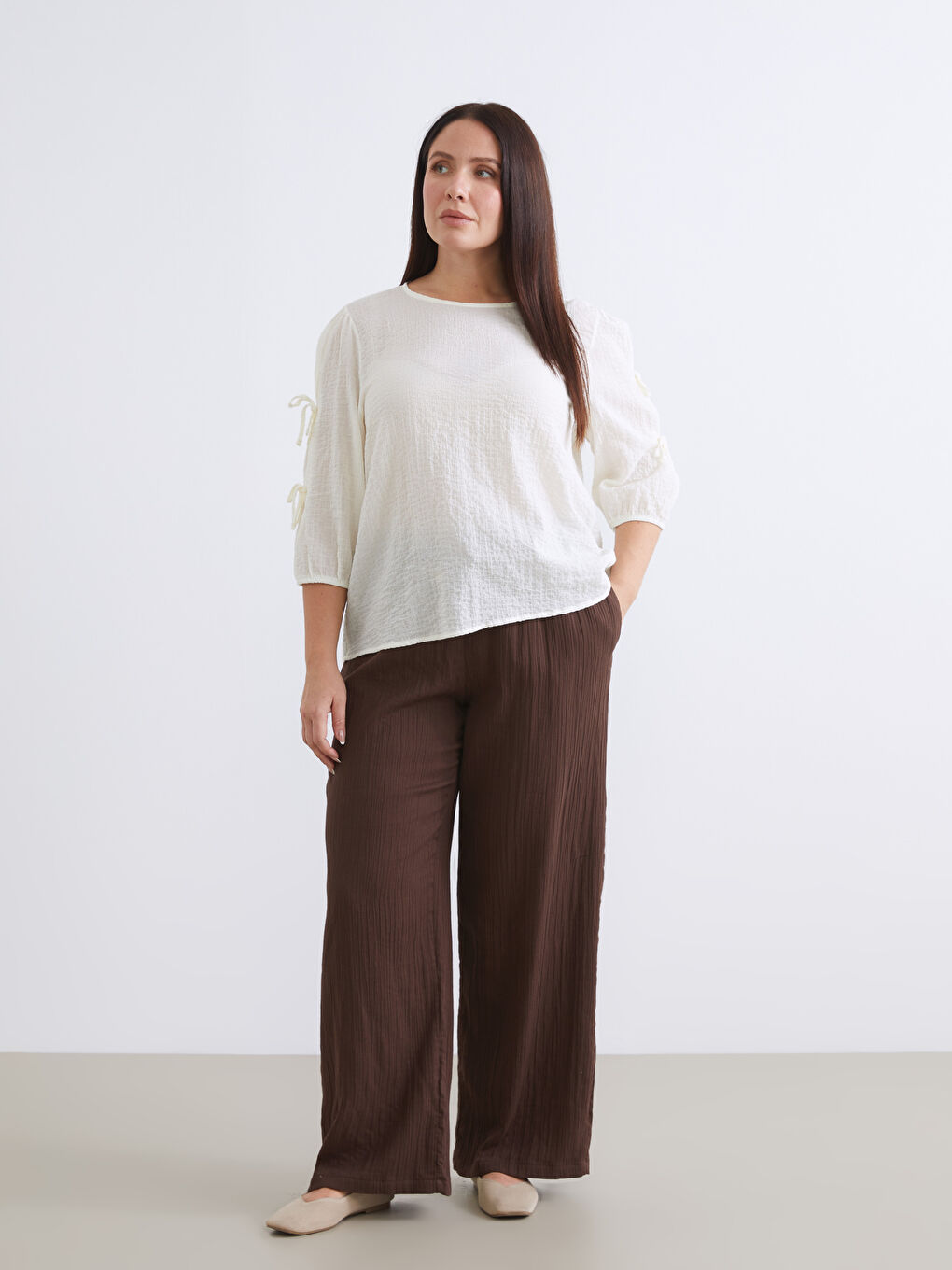 Kahverengi Beli Lastikli Dokulu Geniş Paça Kadın Pantolon-1