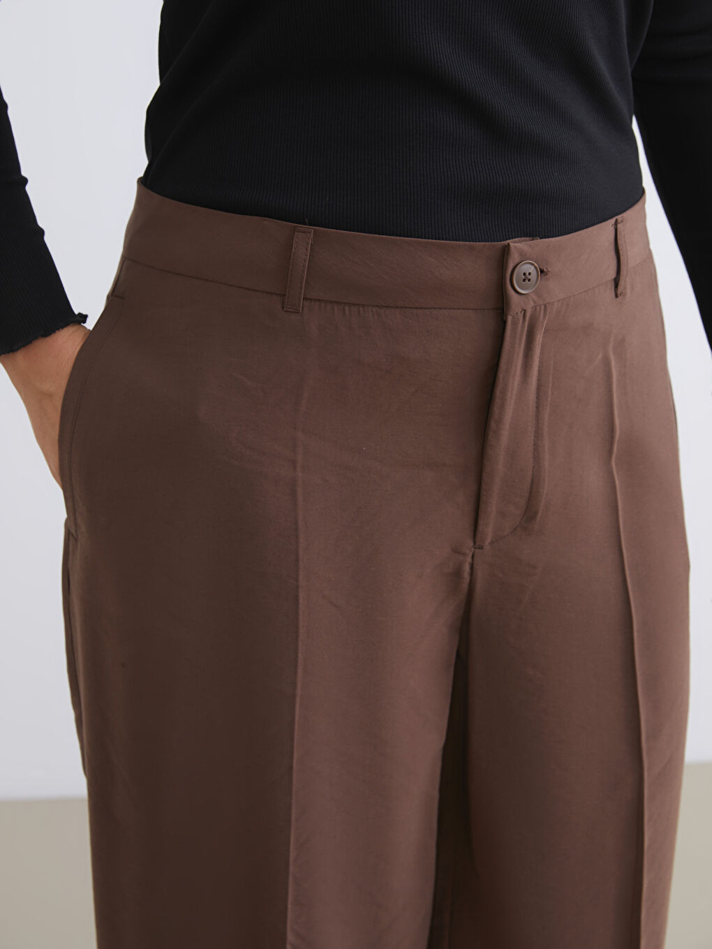 Kahverengi Modal Karışımlı Kadın Pileli Pantolon-4