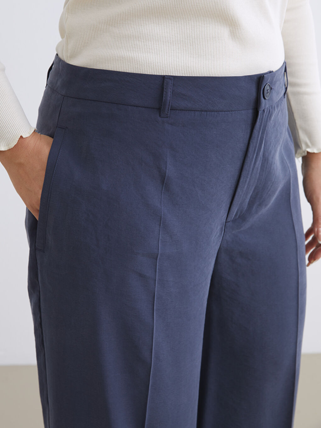 Lacivert Modal Karışımlı Kadın Pileli Pantolon-4