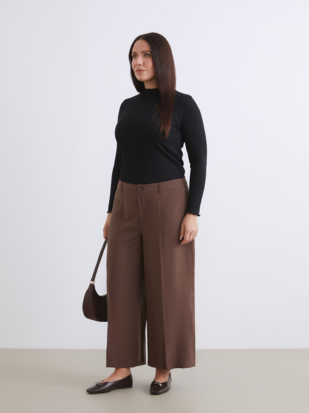 Kahverengi Modal Karışımlı Kadın Pileli Pantolon-1