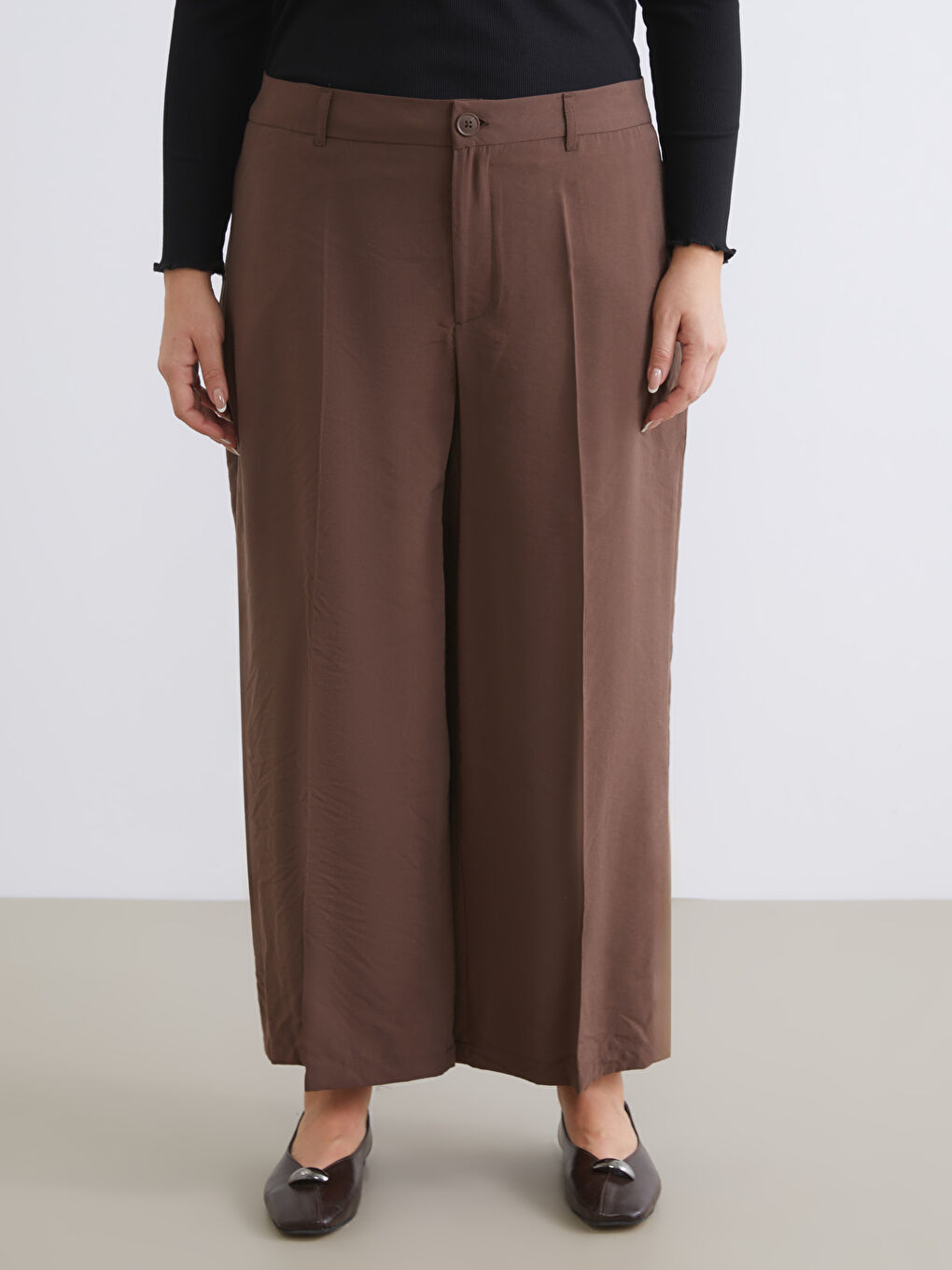 Kahverengi Modal Karışımlı Kadın Pileli Pantolon-2