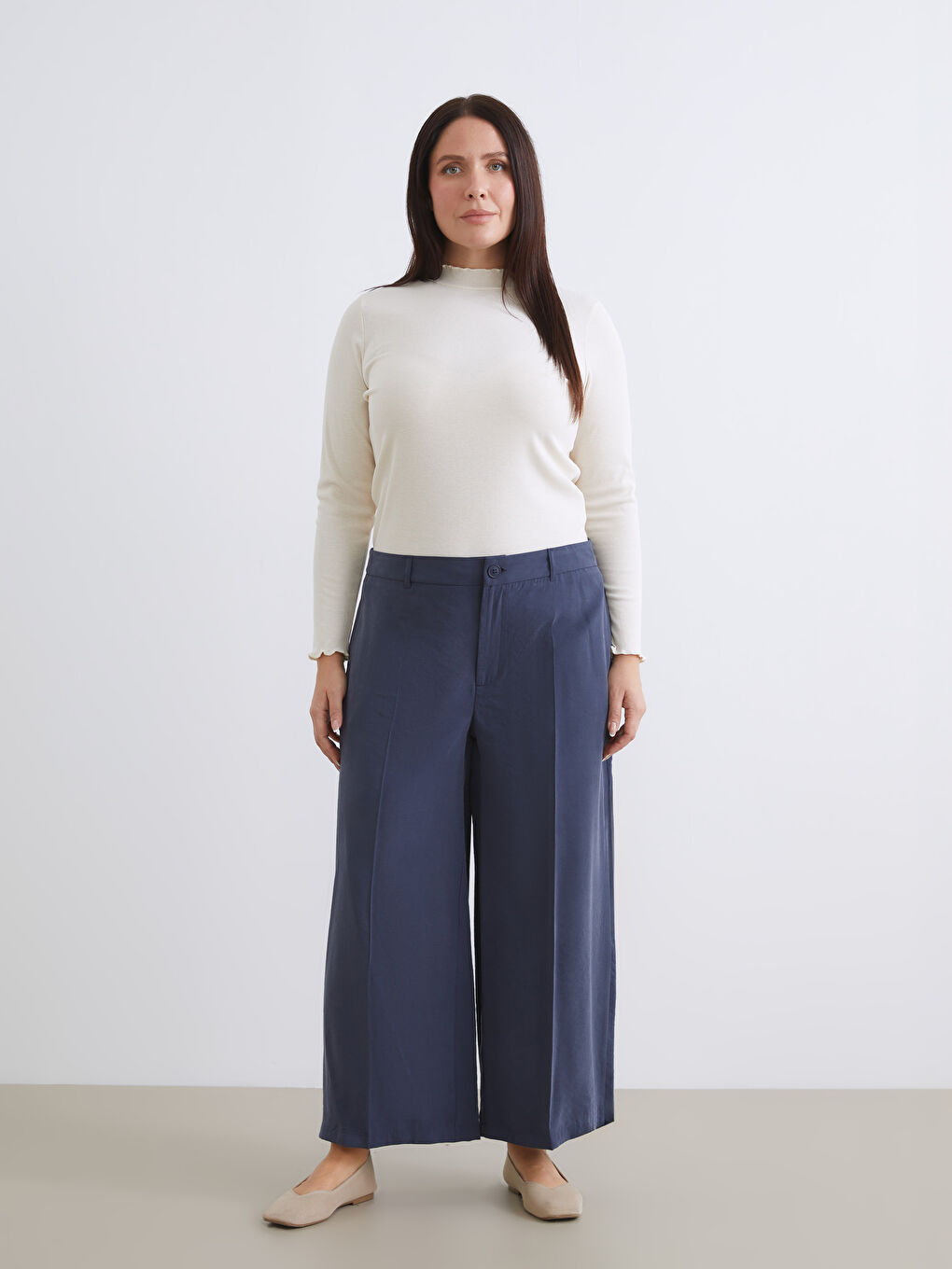 Lacivert Modal Karışımlı Kadın Pileli Pantolon-1