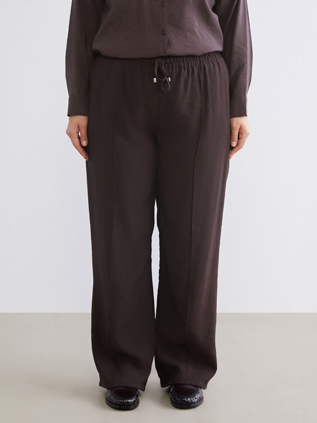 Kahverengi Beli Lastikli Modal Karışımlı Kadın Pantolon-3