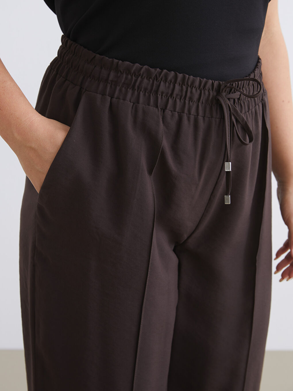 Kahverengi Beli Lastikli Modal Karışımlı Kadın Pantolon-4