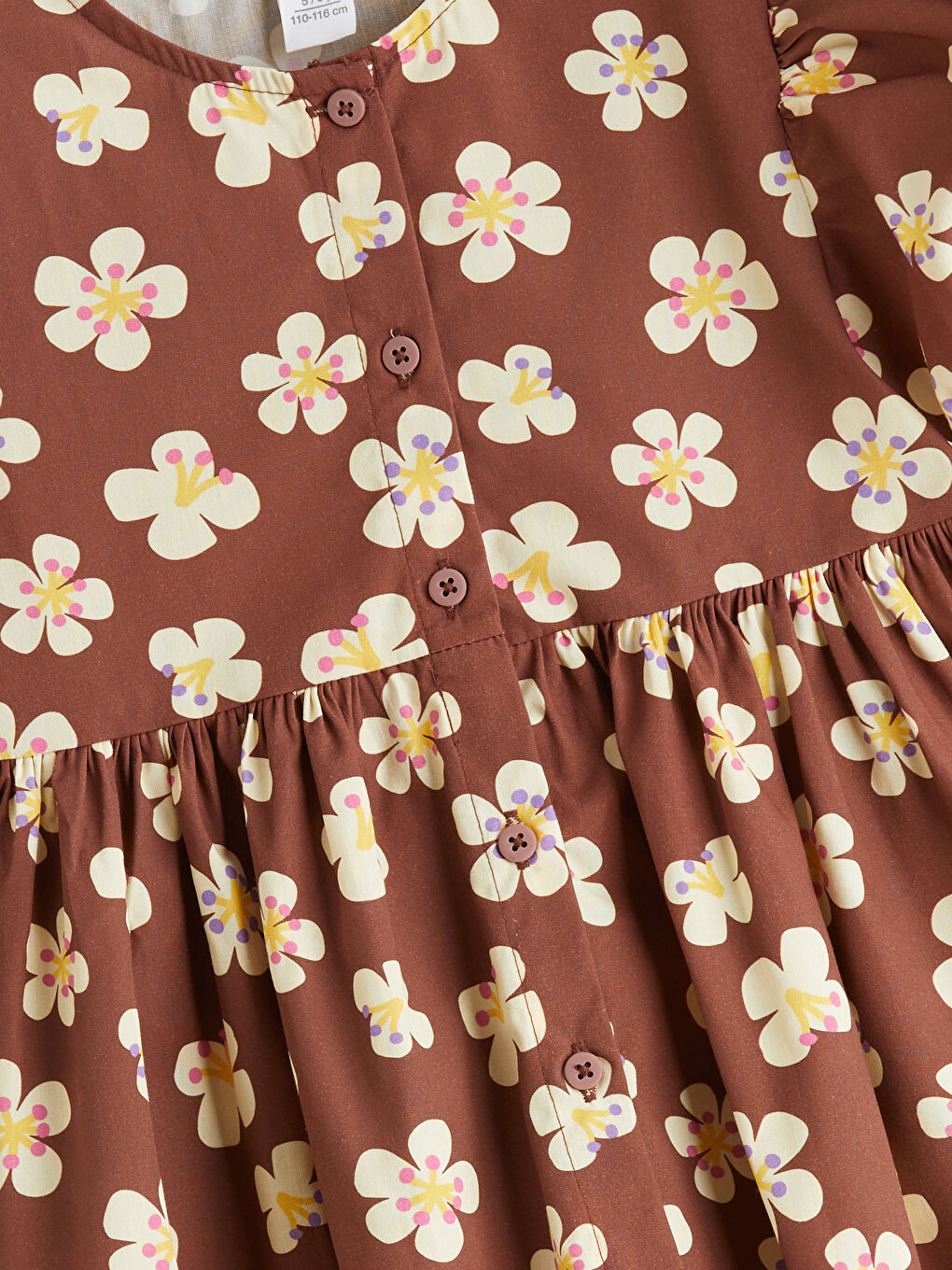 Kahverengi Bisiklet Yaka Çiçekli Kız Çocuk Elbise-1