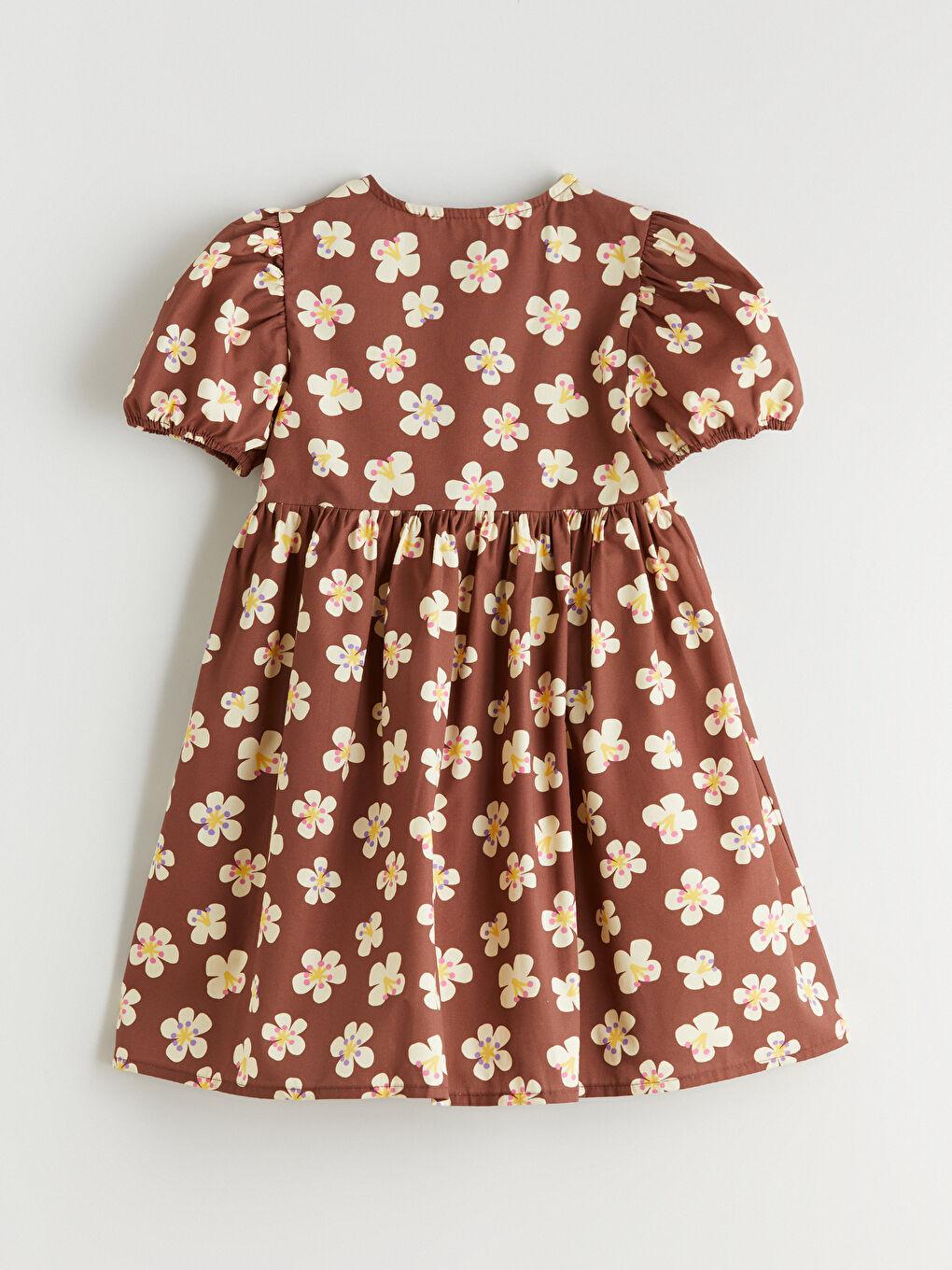 Kahverengi Bisiklet Yaka Çiçekli Kız Çocuk Elbise-2