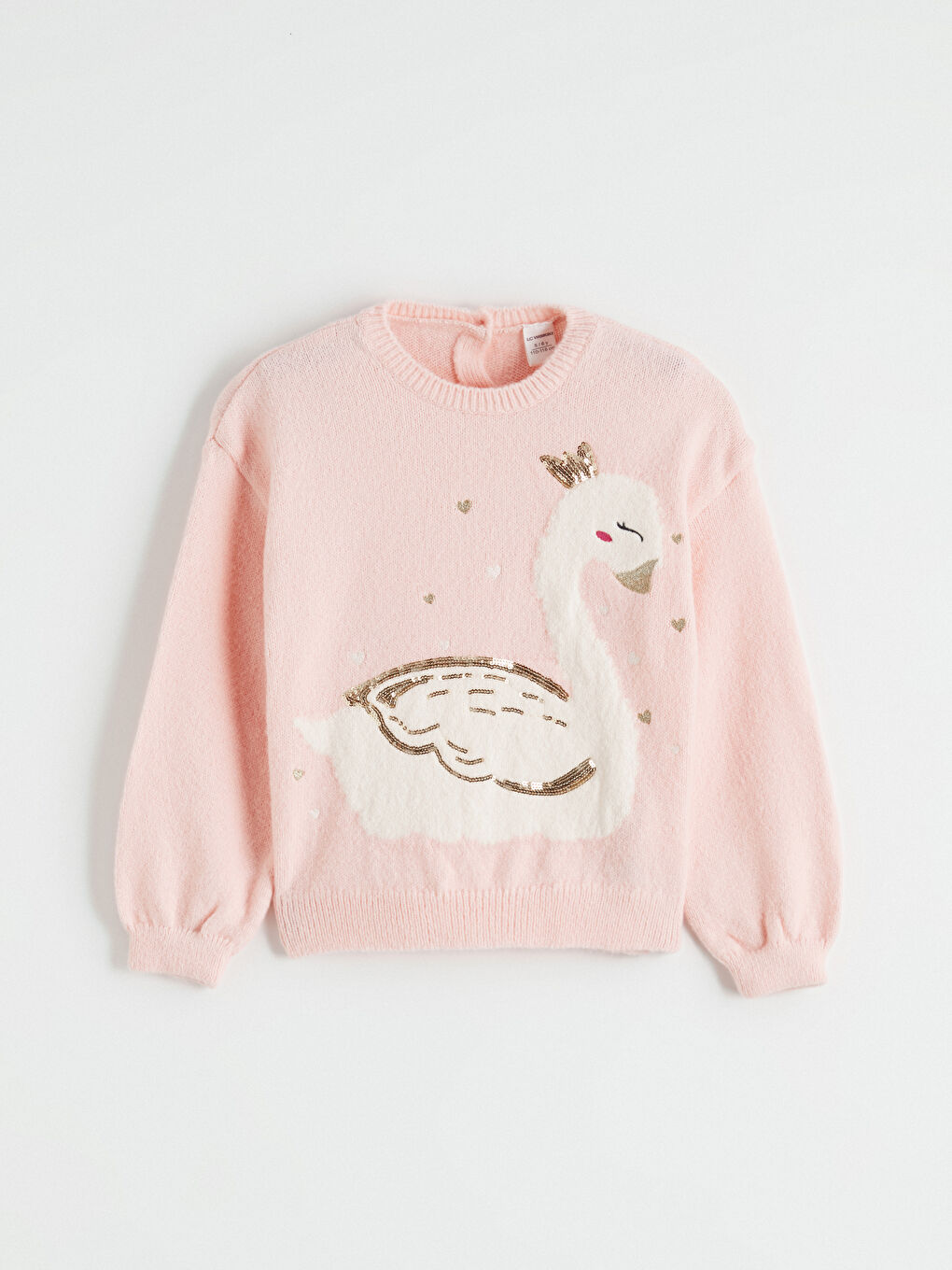 Pembe Kuğu Desenli Kız Çocuk Triko Kazak