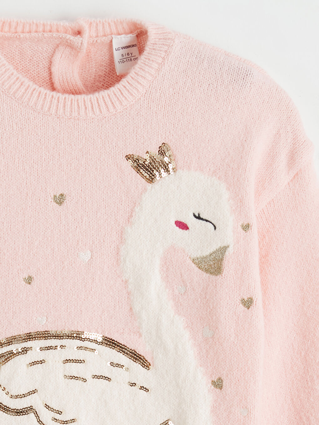 Pembe Kuğu Desenli Kız Çocuk Triko Kazak-1