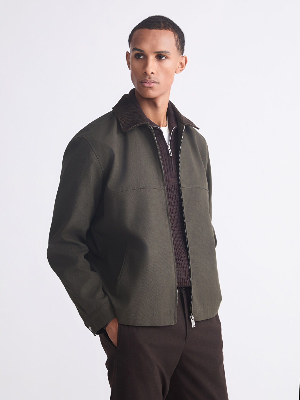 Haki Rahat Kalıp Kadife Yaka Erkek Mont