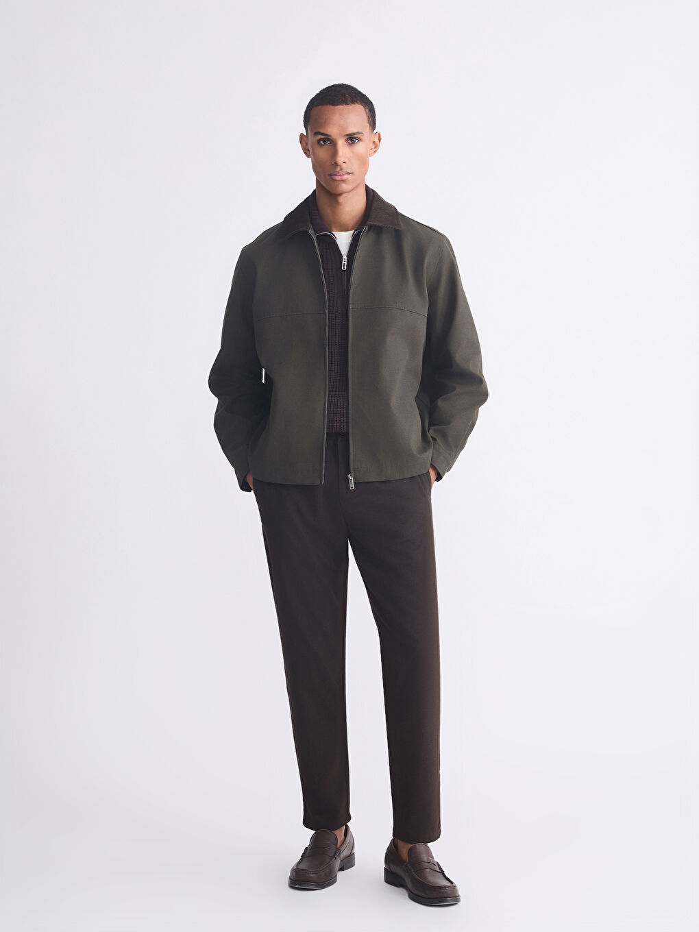 Haki Rahat Kalıp Kadife Yaka Erkek Mont-1