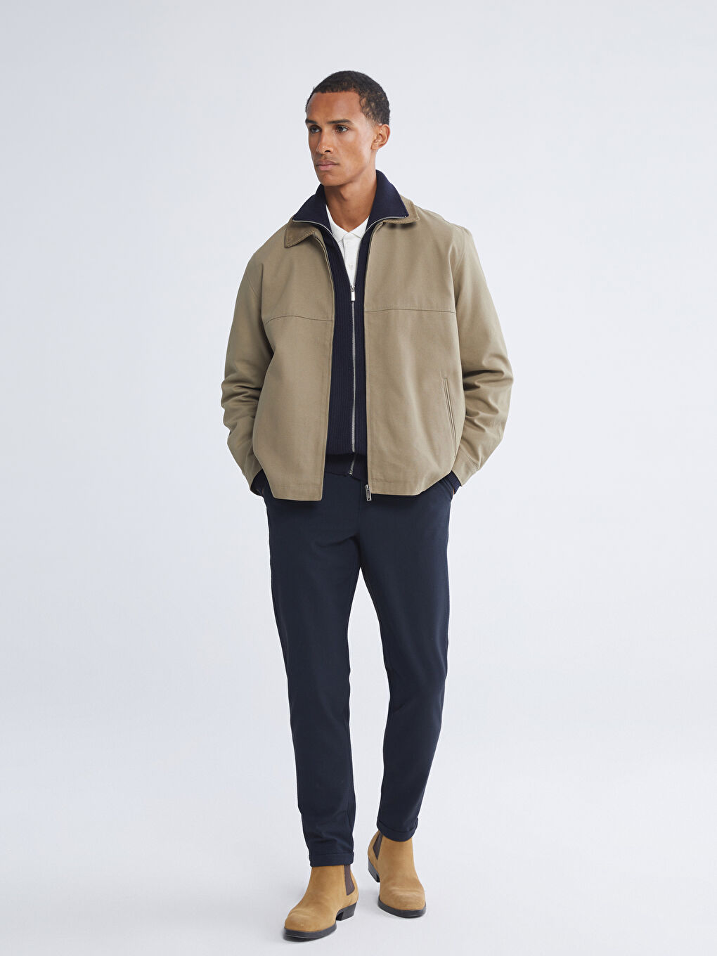 Bej Rahat Kalıp Kadife Yaka Erkek Mont-3