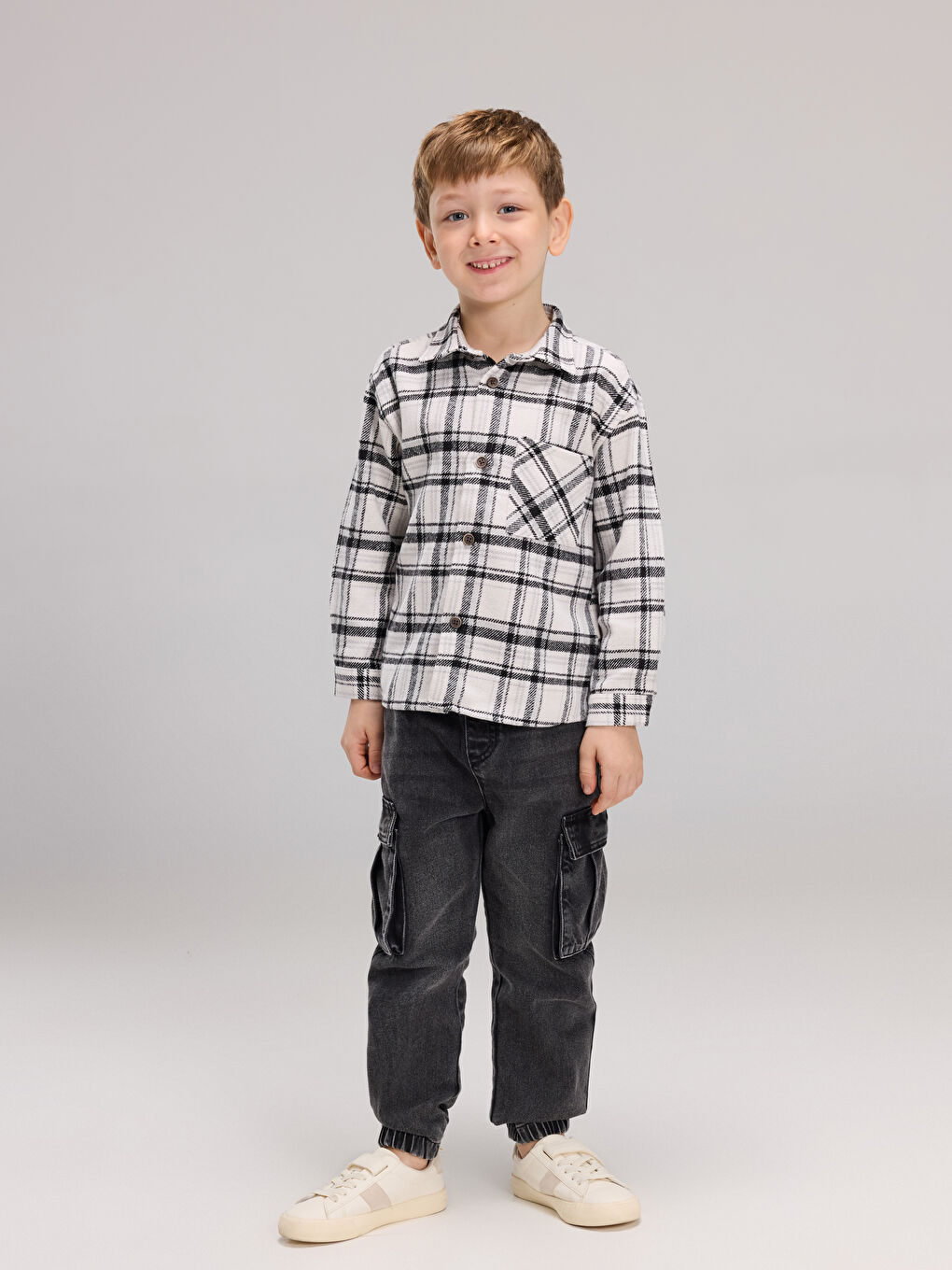 Ekru Ekose Erkek Çocuk Oduncu Gömlek-1