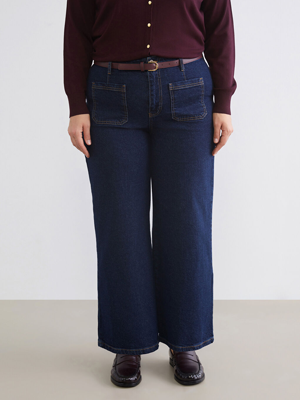 İndigo Büyük Beden Wideleg Kadın Jean Pantolon-3