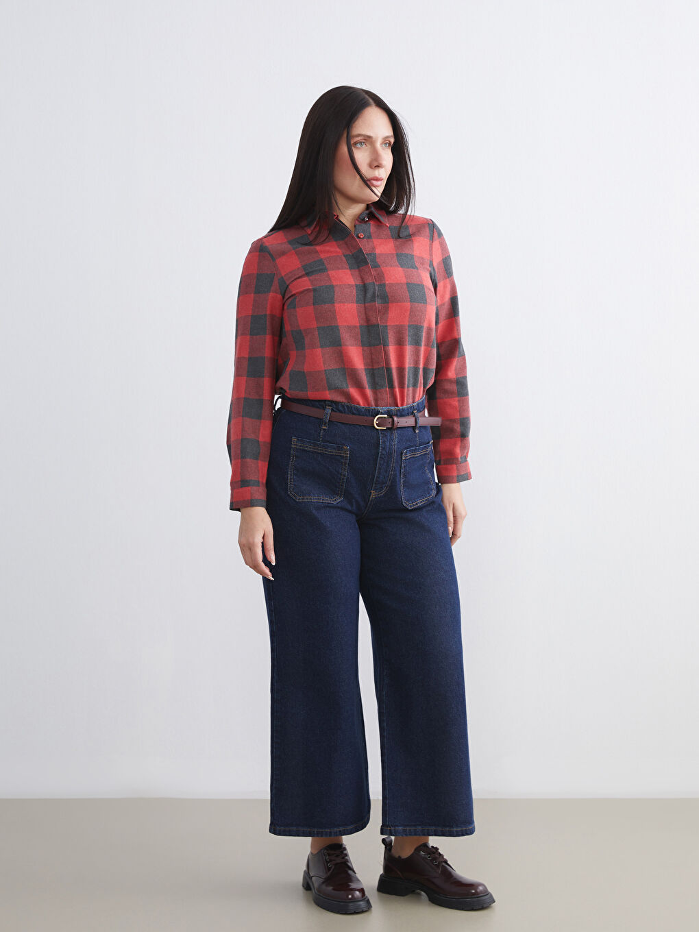 İndigo Büyük Beden Wideleg Kadın Jean Pantolon-1