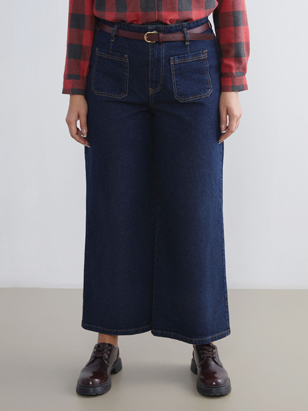 İndigo Büyük Beden Wideleg Kadın Jean Pantolon-2