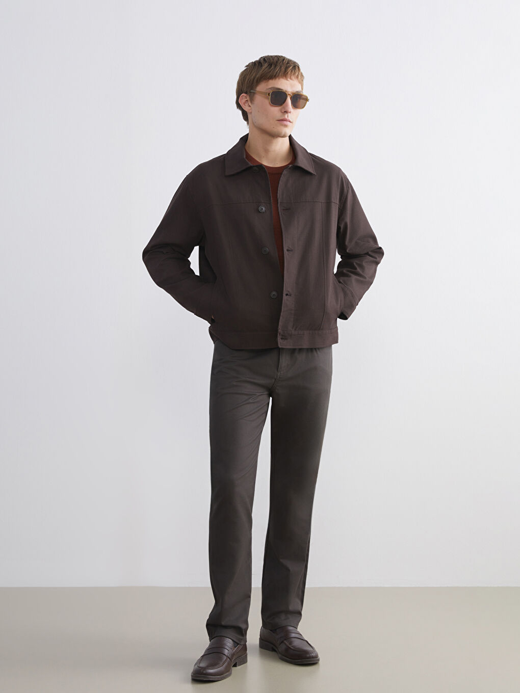 Kahverengi Rahat Kalıp Uzun Kollu Erkek Gömlek Ceket-1