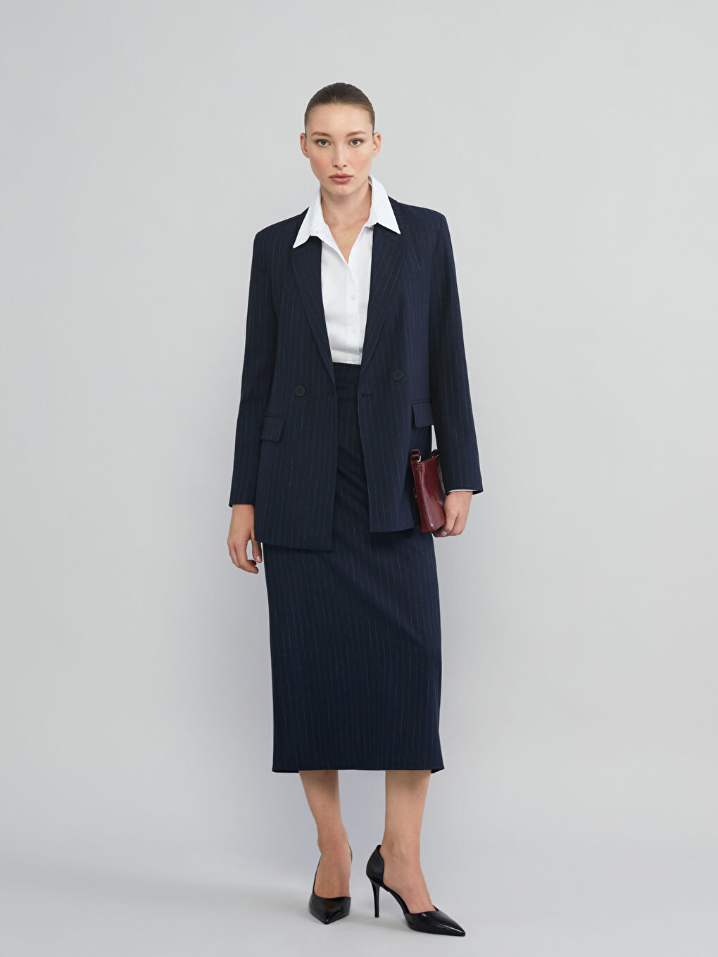 Lacivert Beli Fermuarlı Çizgili Yırtmaçlı Etek