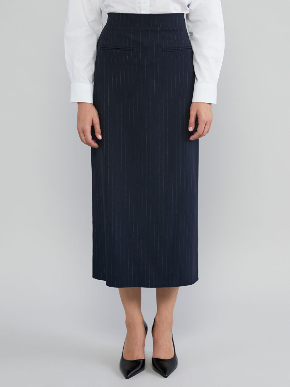 Lacivert Beli Fermuarlı Çizgili Yırtmaçlı Etek-1