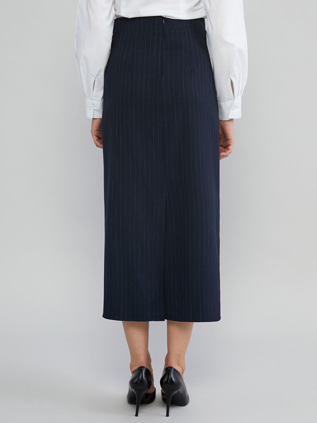 Lacivert Beli Fermuarlı Çizgili Yırtmaçlı Etek-3