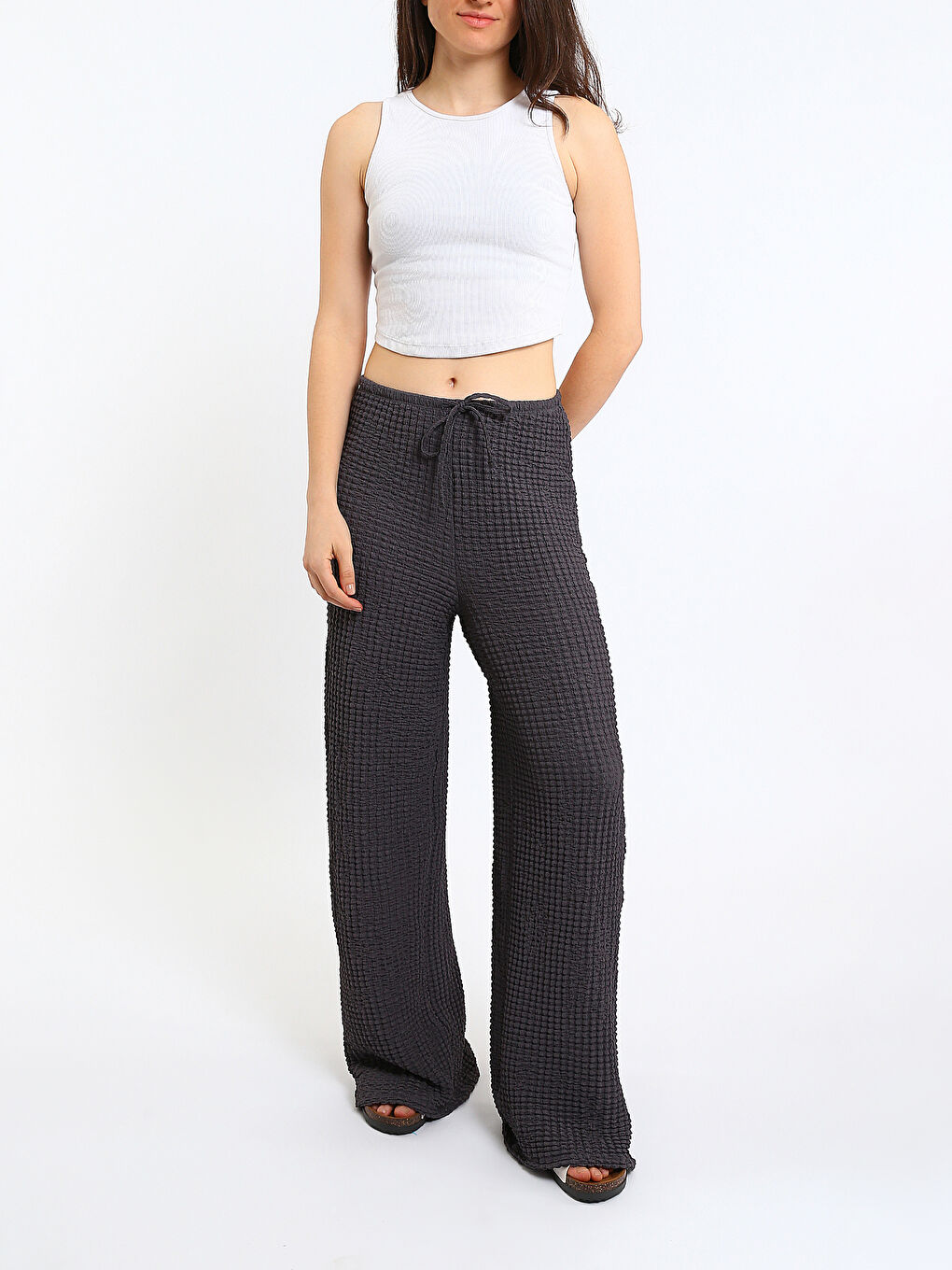 Elasticated Waist Textured Wide Leg Women's Trousers