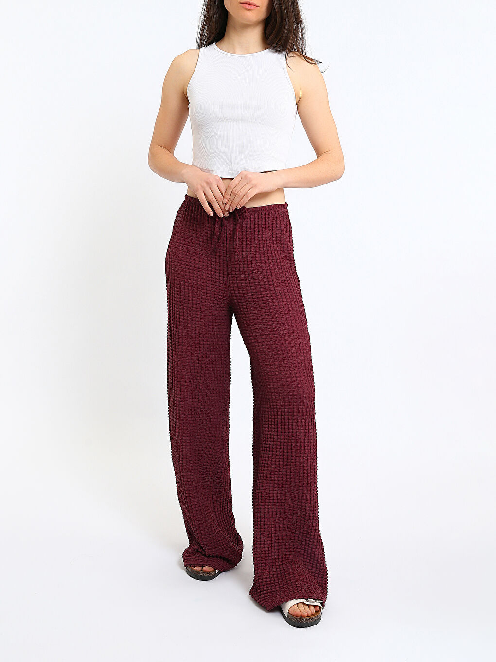 Elasticated Waist Textured Wide Leg Women's Trousers