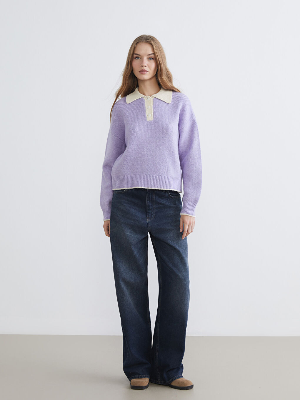 Lila Polo Yaka Oversize Kadın Triko Kazak-1