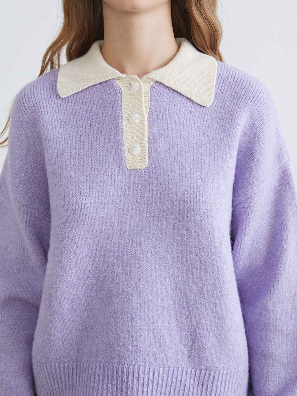 Lila Polo Yaka Oversize Kadın Triko Kazak-2