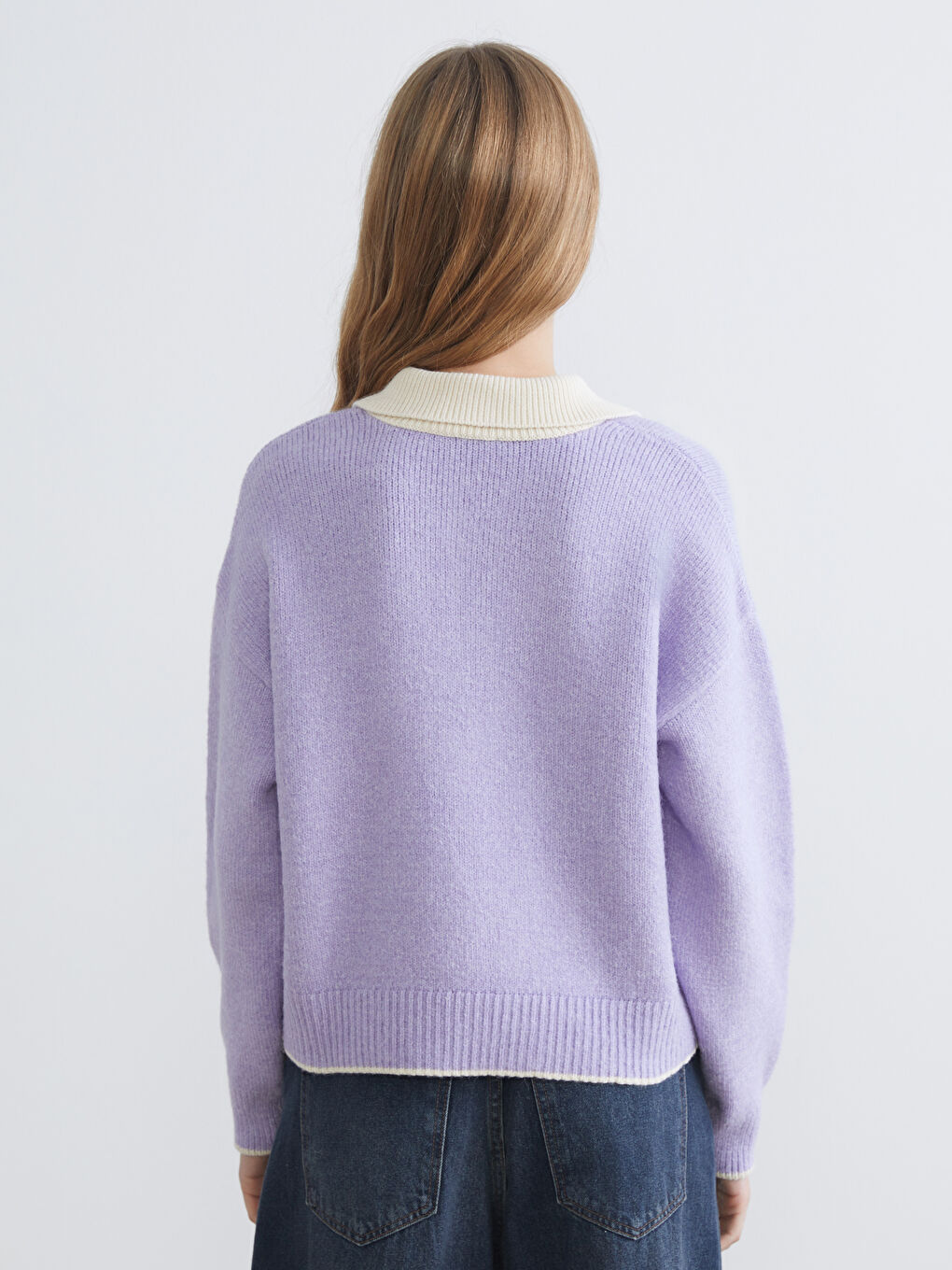 Lila Polo Yaka Oversize Kadın Triko Kazak-3