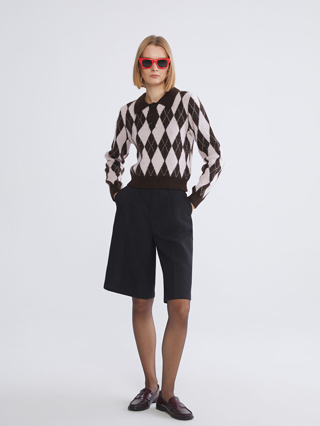 Kahverengi Polo Yaka Baklava Desenli Kadın Triko Kazak-1