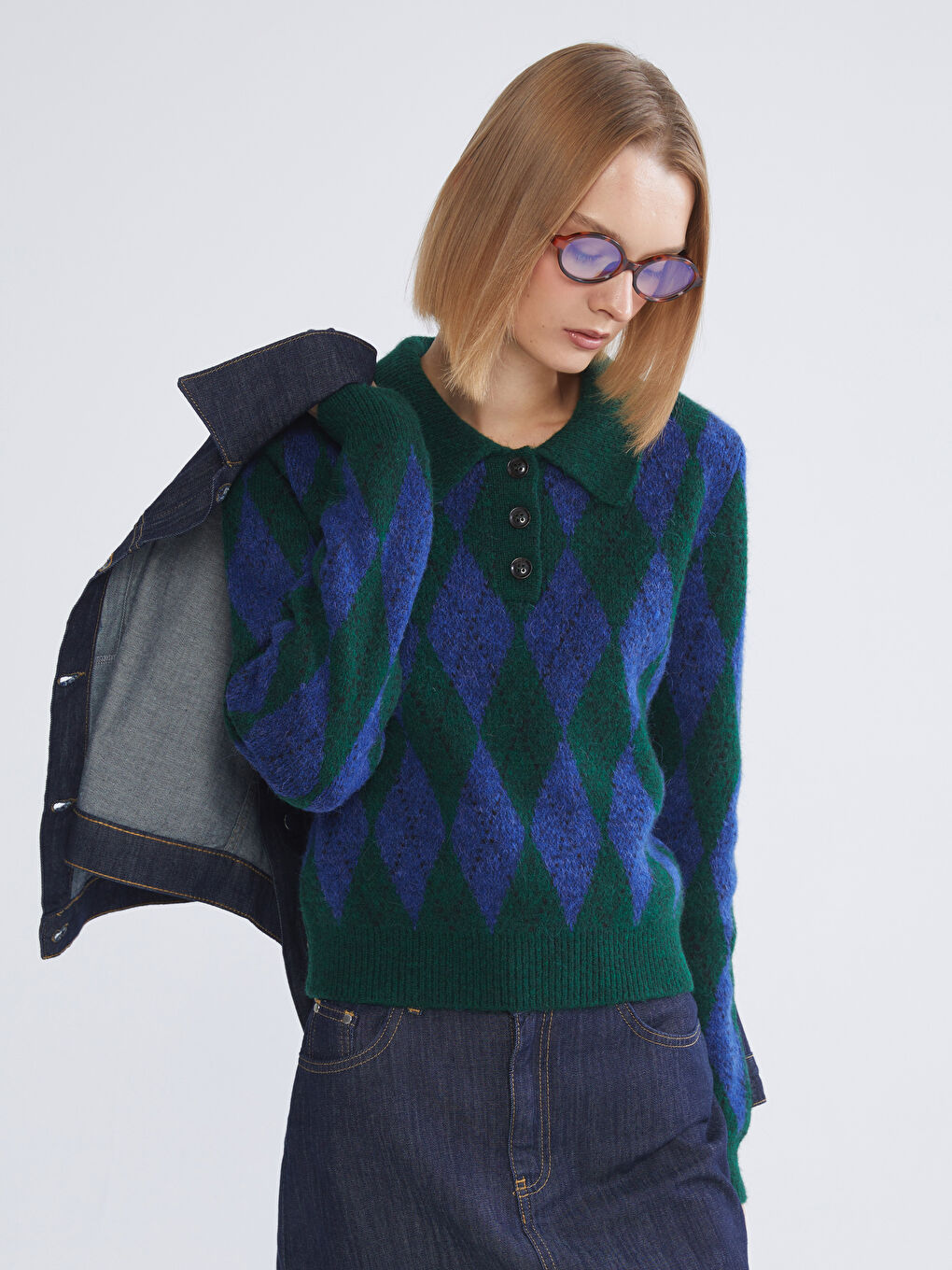 Yeşil Polo Yaka Baklava Desenli Kadın Triko Kazak