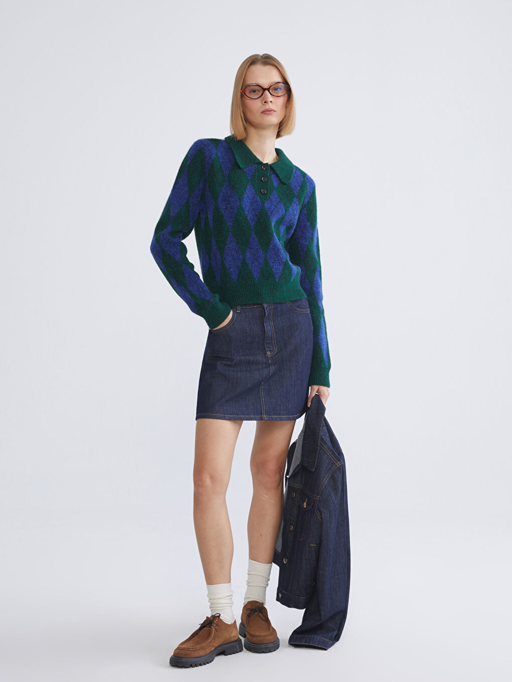 Yeşil Polo Yaka Baklava Desenli Kadın Triko Kazak-1