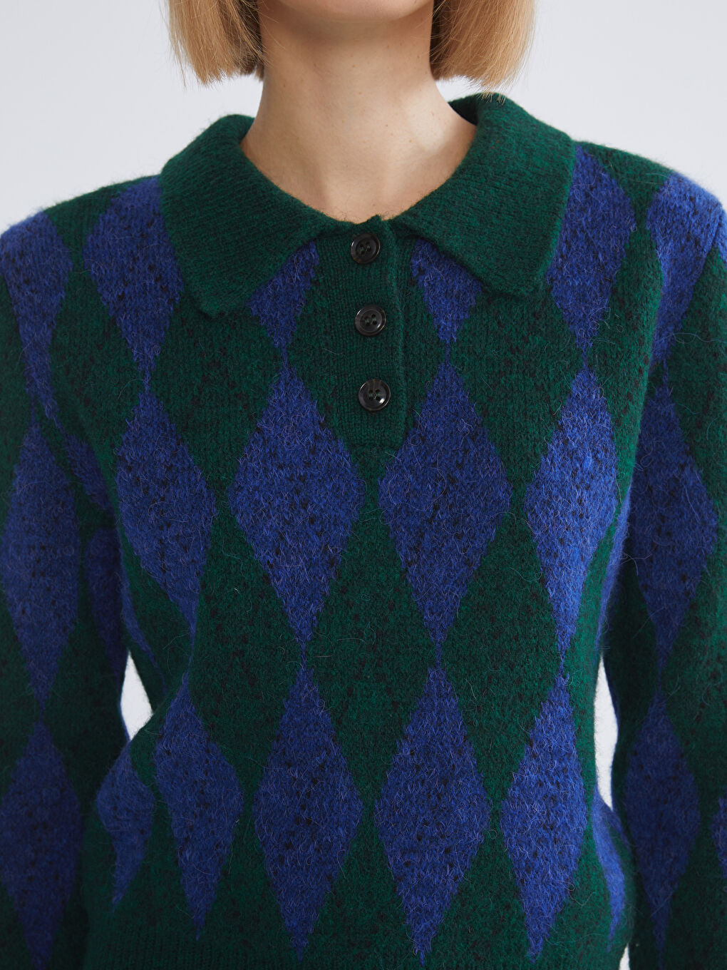 Yeşil Polo Yaka Baklava Desenli Kadın Triko Kazak-2