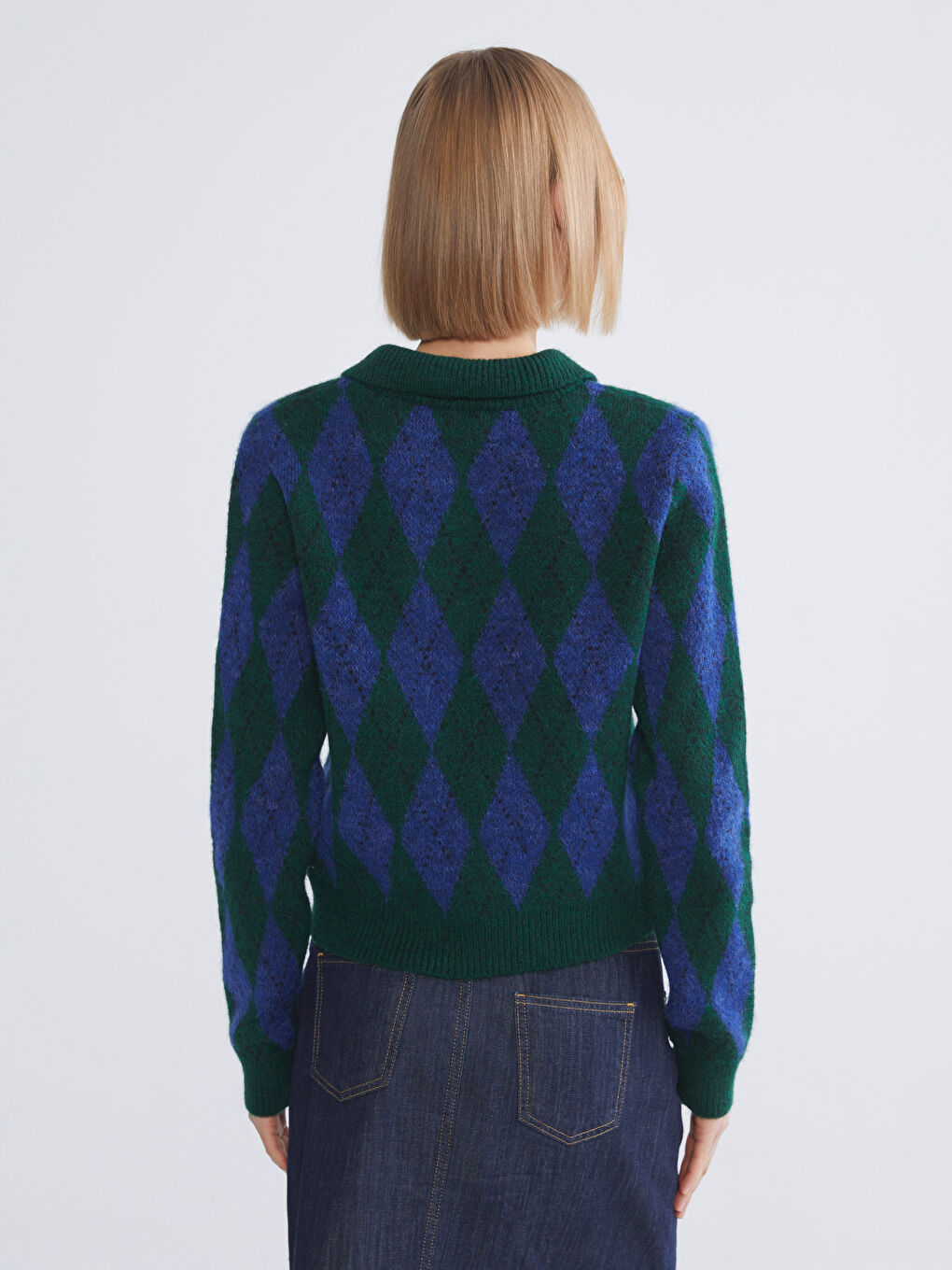 Yeşil Polo Yaka Baklava Desenli Kadın Triko Kazak-3