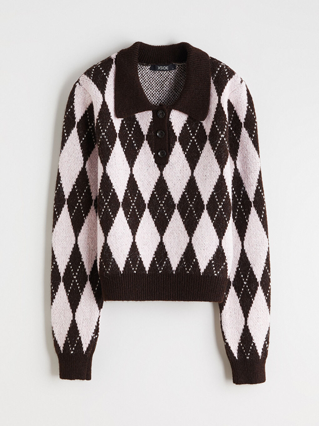 Kahverengi Polo Yaka Baklava Desenli Kadın Triko Kazak-4