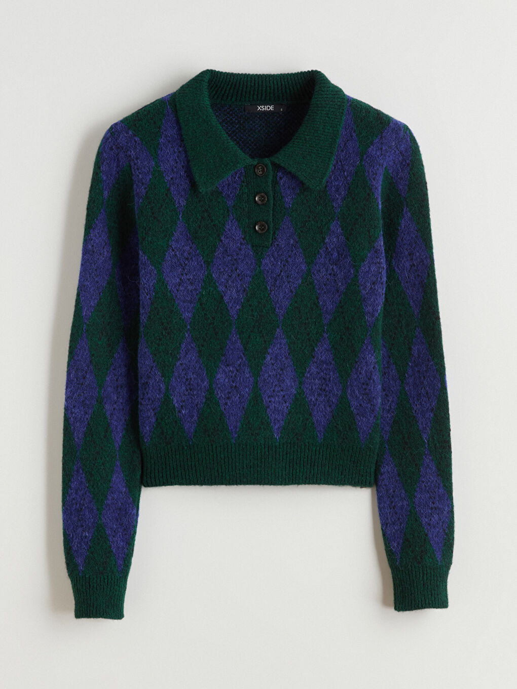 Yeşil Polo Yaka Baklava Desenli Kadın Triko Kazak-4