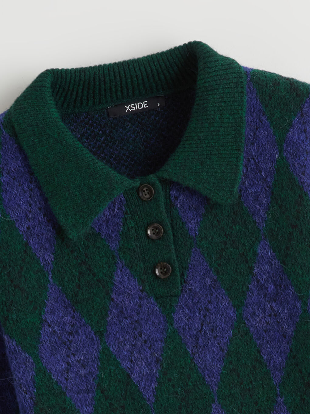 Yeşil Polo Yaka Baklava Desenli Kadın Triko Kazak-5