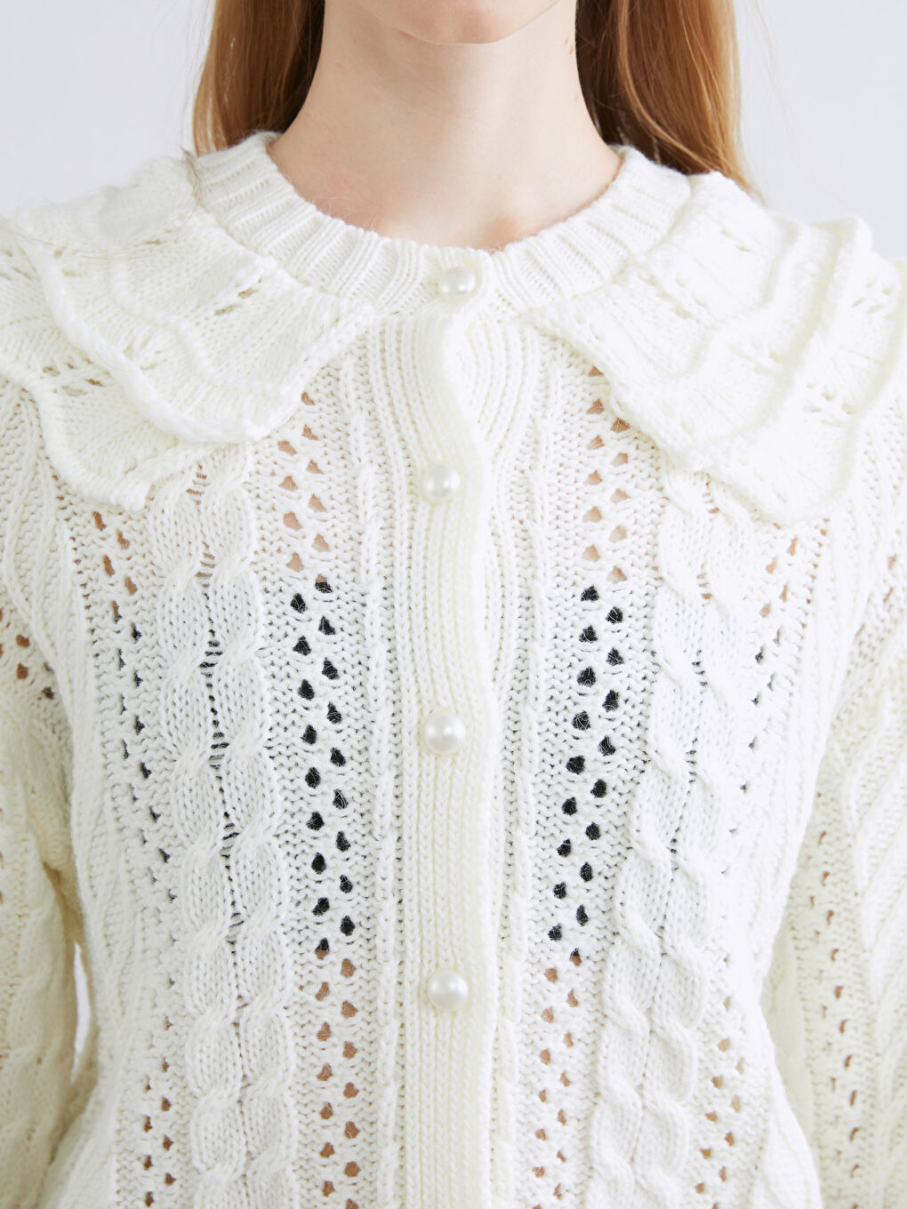 Ekru Bebe Yaka Ajurlu Kadın Triko Hırka-2