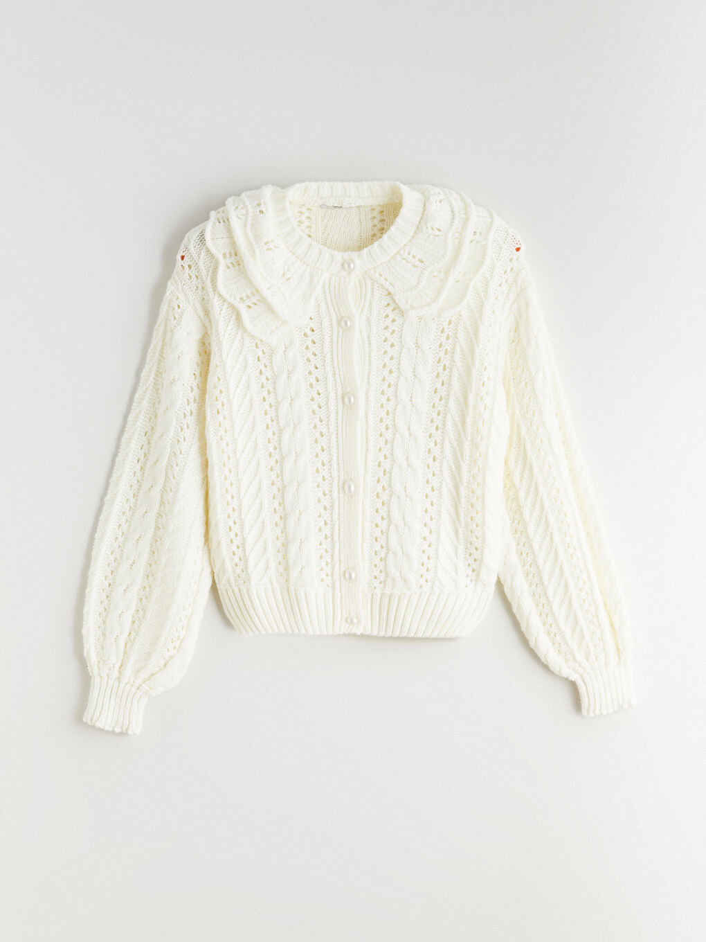 Ekru Bebe Yaka Ajurlu Kadın Triko Hırka-4