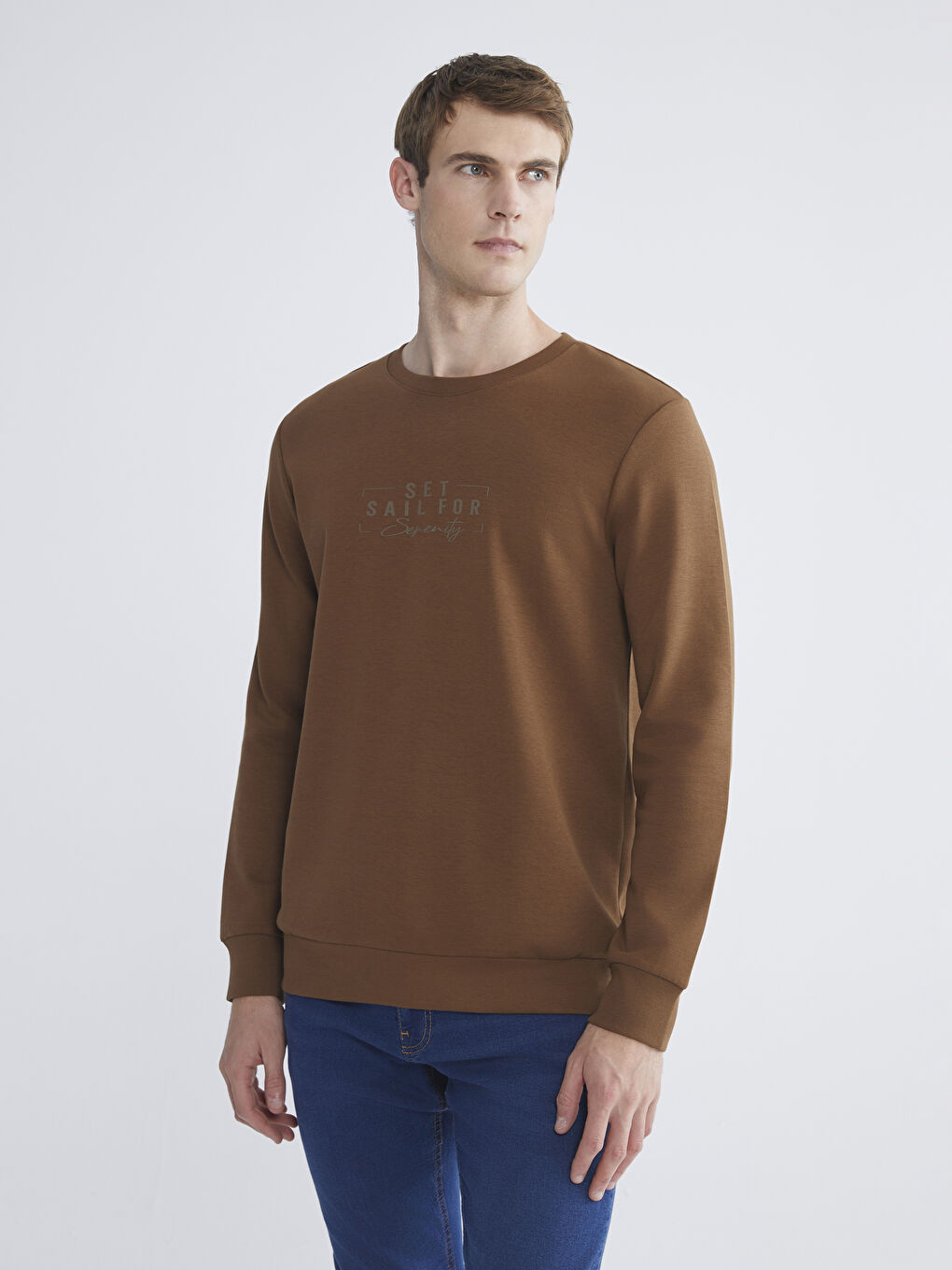 Kahverengi Bisiklet Yaka Baskılı Erkek Sweatshirt