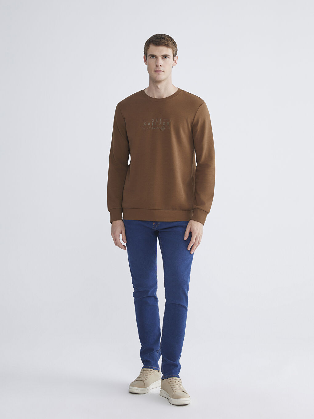 Kahverengi Bisiklet Yaka Baskılı Erkek Sweatshirt-1