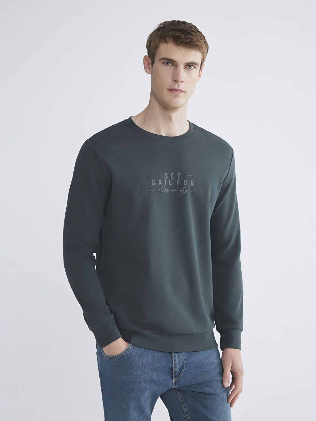 Haki Bisiklet Yaka Baskılı Erkek Sweatshirt