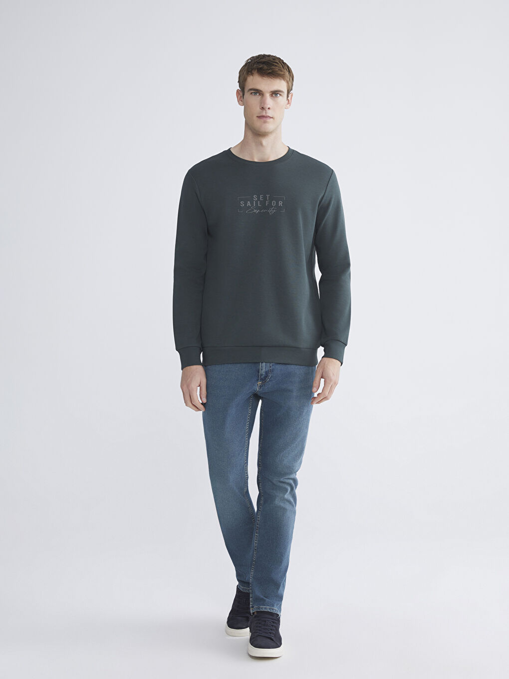 Haki Bisiklet Yaka Baskılı Erkek Sweatshirt-1