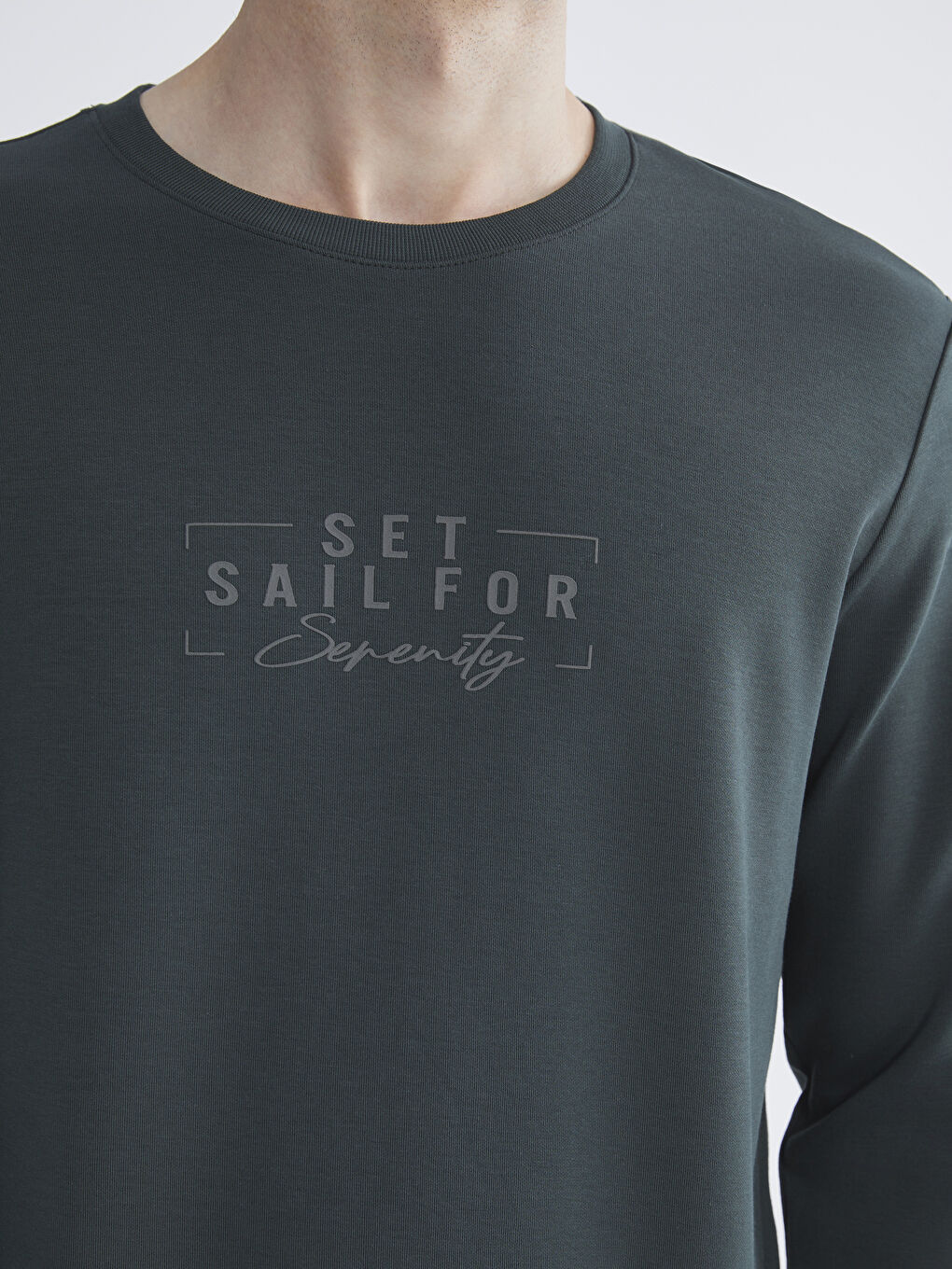 Haki Bisiklet Yaka Baskılı Erkek Sweatshirt-2